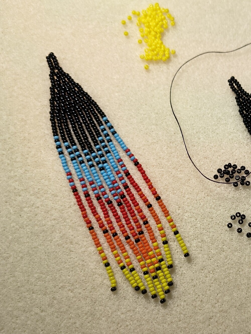 Native American Handmade Beaded Fringe Earrings Black Sunset Gradient - Picture 6 of 8